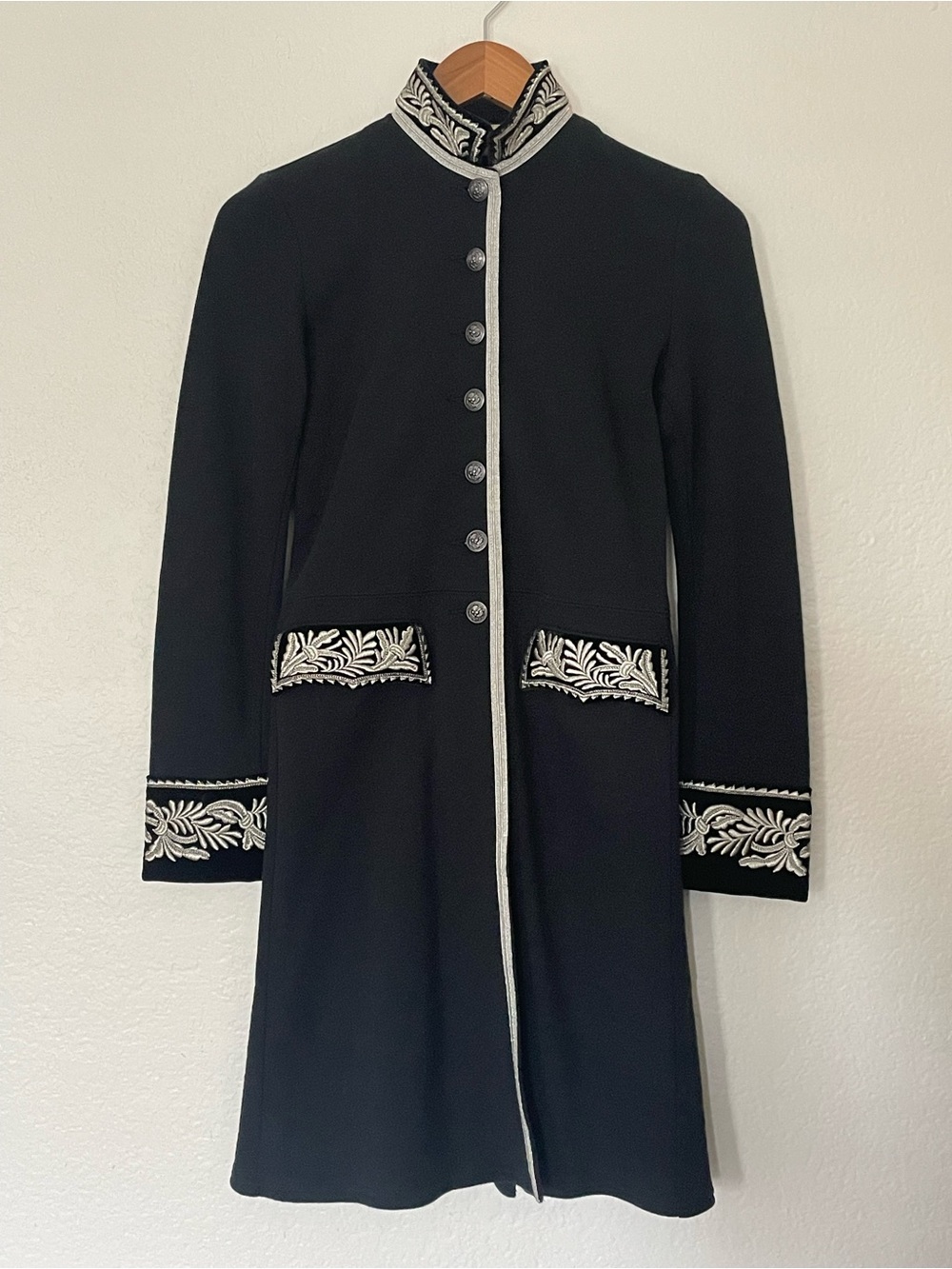 Vintage Ralph Lauren Long Black Wool Coat w/ Embroidered SilverDetailing